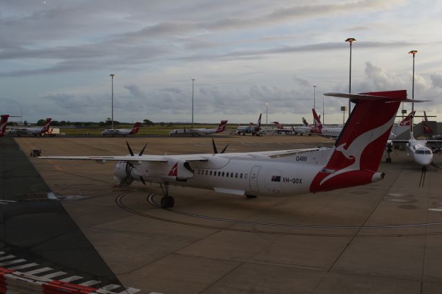 de Havilland Dash 8-400 (VH-QOX) - View from the Qantas Lounge as Brisbane Airport wakes up.