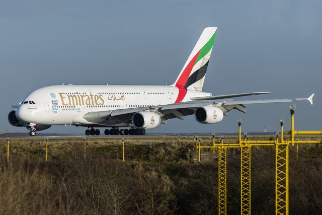 Airbus A380-800 (A6-EEE) - Just landed, vacating runway 23R.