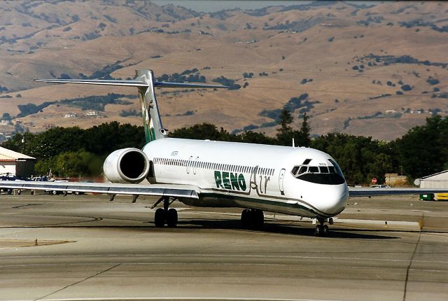 McDonnell Douglas MD-90 (N905RA) - KSJC - N905RA Ski Lake Tahoe Logo jet rolls to 30 L at SJC for a flight to KSNA. Possible Aug 1998 photo.