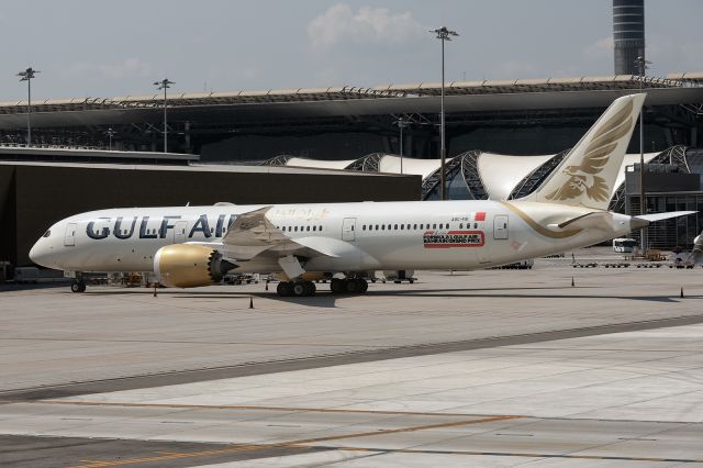 Boeing 787-9 Dreamliner (A9C-FB) - 22nd April, 2025: Parked on the apron at Bangkok Suvarnabhumi between flights from and to Manama as flights GF 152 and GF 153 respectively. 