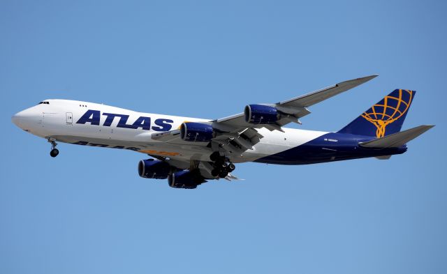 N856GT — - QFA 7554 HNL-SYD Qantas Freight First 747-8 service operated by Atlas Air short final to Rwy 16R -27 Aug 2019 Qantas tail logo under the 'Flip up' nose is new.