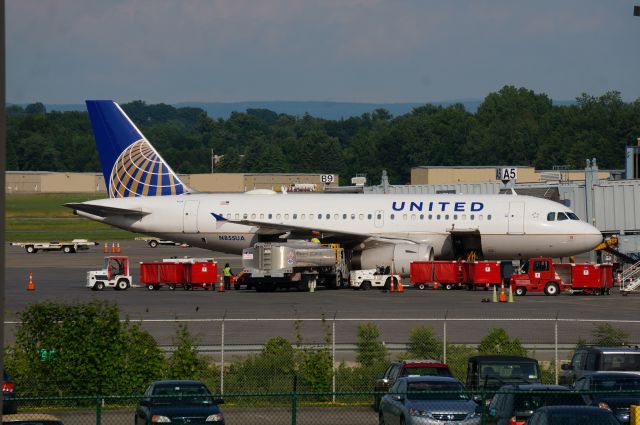 Airbus A319 (N855UA) - A United A319 sits at the A concourse while being loaded up for its return flight to Chicago Illinois.  Anyone know why they use American Eagle baggage carts and tugs at Albany for United? 