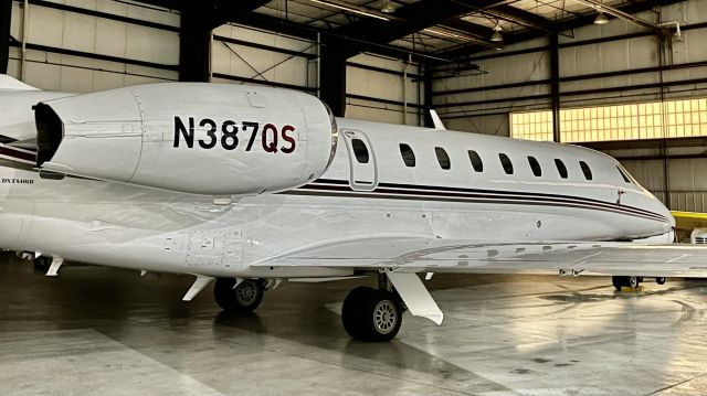 Cessna Citation Sovereign (N387QS) - N387QS, a 2007 Cessna 680 Citation Sovereign, in the hangar @ KVPZ due to severe thunderstorms. 6/13/22.