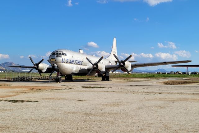 N53363 — - From the museum website: The KC-97, a first-generation aerial refueling tanker, was designed from the transport version of the B-50 Superfortress, itself a derivative of the B-29.br /br / br /br /The C-97 was modified to have twice the internal volume of the B-50 by adding an extra underside fuselage section making the aircraft resemble an inverted "8". The entire cabin was pressurized and could carry 130 fully equipped troops or 80 stretchers. An electrically powered cargo hoist to lift and position loads ran the entire length of the fuselage. Refueling tanks and a flying boom were fitted to make the plane an air-to-air refueler.br /br / br /br /Unfortunately, the KC-97 was too slow to refuel the new jet aircraft and had to climb to higher altitudes and begin a dive, speeding up just enough to refuel the jets as they descended. The twenty-eight-cylinder engines were no fun to overhaul since each engine had 28 cylinders 56 spark plugs! The KC-97 was soon replaced by jet powered tankers. Very successful as a first-generation tanker, elements of the aircraft design continued in service. The refueling boom configuration of the KG-97 is used in the KC-135 Stratotanker aircraft.br /br / br /br /The museum's KC-97, serial number 53-363, was manufactured as a G model at the Boeing Aircraft plant in Seattle, WA. It was delivered to the Air Force on September 26, 1956. March Field Air Museum volunteers flew the aircraft from Davis-Monthan Air Force Base, Arizona, in July of 1980. This aircraft is on loan from the NMUSA