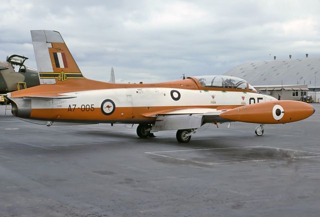 A7005 — - AUSTRALIA - AIR FORCE - COMMONWEALTH CA-30 (MB-326H) - REG A7-005 (CN CA30-005) - EDINBURGH RAAF BASE ADELAIDE SA. AUSTRALIA - YPED (3/4/1975) PHOTOGRAPHED AT EDINBURGH IN 1975. 35MM SLIDE SCANNED WITH A EPSON V700 PERFECTION FLATBED SCANNER AT 6400 DPI.