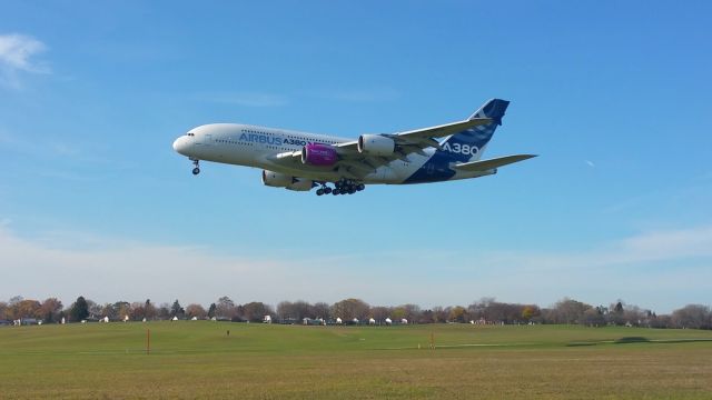 Airbus A380-800 (F-WWOW) - Airbus A380 REG F-WWOW, MSN001, Flying the Trent XWB97 Engine for cold weather testing at KMKE on November 17, 2016.  Getting Ready to land on Runway 19R.