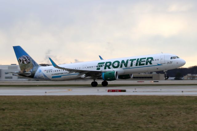 Airbus A321 (N708FR) - A Frontier A321-211SL, N708FR, cn 7042, Jo Bob the Badger, departing Cleveland-Hopkins Int’l (KCLE), USA – Ohio, from RWY 6R, on 10 Mar 2017.