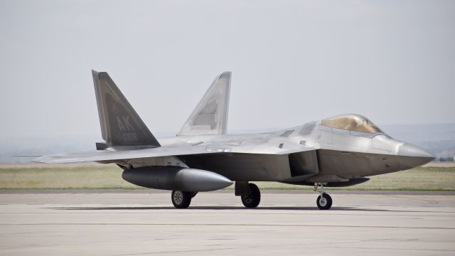 Lockheed F-22 Raptor (06-4108) - USAF Lockheed Martin F-22A "Raptor," assigned to the 525th Fighter Squadron, taxiing to the ramp after a flyover celebrating NORADs 60th anniversary