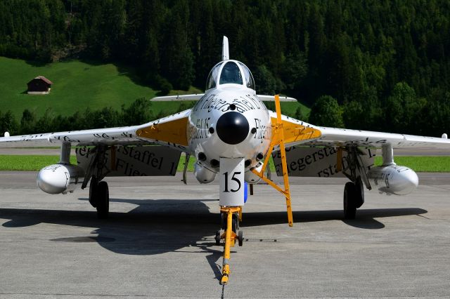 Hawker Hunter (HB-RVS) - Hunterfest 2018 in the Simmental Valley. Next edition - 25th jubilée of the organising Hunterverein Obersimmental - will be August 31st, 2019 !