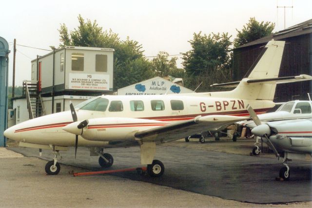 Cessna T303 Crusader (G-BPZN) - Seen here in Oct-91.br /br /Transferred to USA 5-Mar-93 as N65NC,br /exported to Luxemburg 28-Jul-94 as LX-YNC,br /reregistered OO-ISE 4-Nov-97,br /then F-HISE 15-Sep-14. 