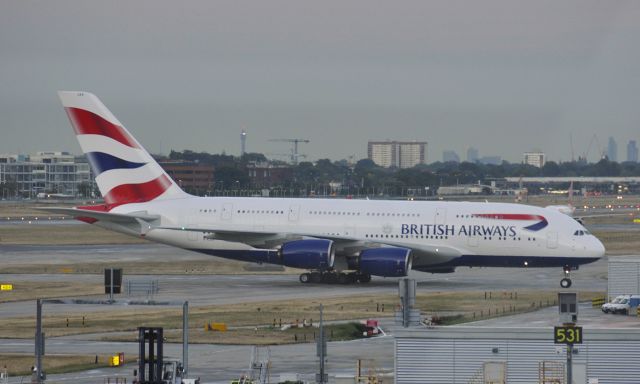 Airbus A380-800 (G-XLEA) - British Airways Airbus A380-841 just landed at terminal 3 of London Heathrow Airport from Frankfurt - Not a really good quality as taken from through the terminal 5 windows