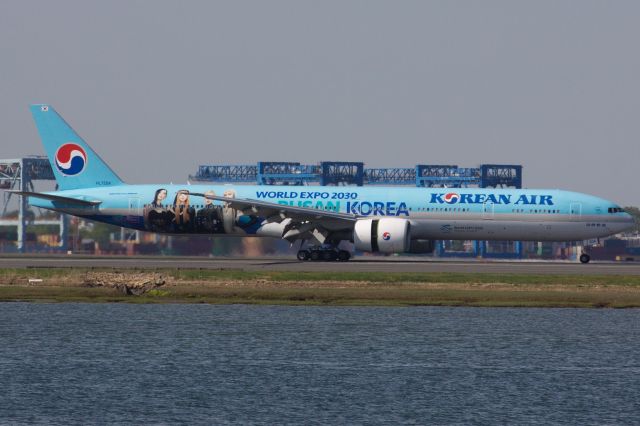 BOEING 777-300ER (HL7204) - Korean Air in special 'Blackpink/World Expo 2030' livery arriving to Logan on 5/13/23. 