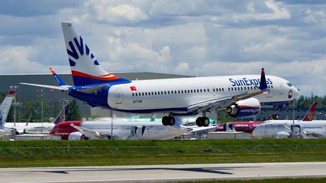 Boeing 737 MAX 8 (TC-SOI) - BOE301 on a test flight from KBFI on short final to Rwy 16R on 5.15.20. (B737-8MAX / ln 7504 / cn 61200). The aircraft is displaying temp reg #N1779B.