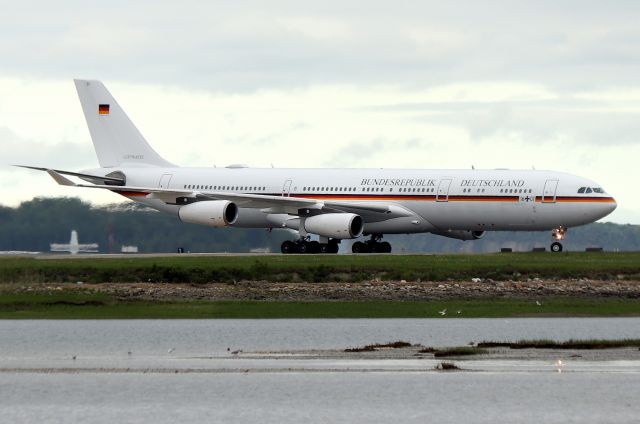 Airbus A340-300 (1601) - 'German Air Force 907' arriving from Germany. On board is German Chancellor Angela Merkel who is the keynote speaker at Harvard's Commencement