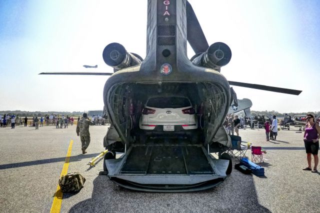 — — - Going where no Kia has ever gone before!br /br /A Boeing CH-47 Chinook sits on the ramp at an airshow, in the process of swallowing a KIA Sorento.