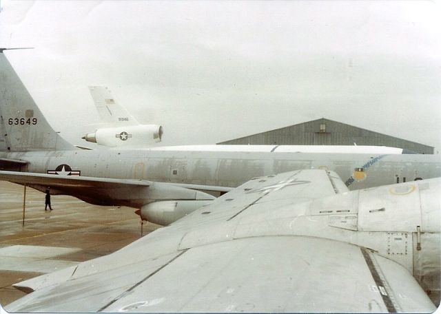 — — - A once in a lifetime photo..  During a special event, March afb officials towed a KC97 to be in the tanker lineup.  Photo taken in the late 80s.
