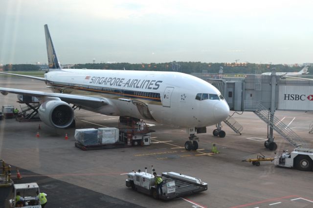 Boeing 777-200 (9V-SRP) - Being prepared for next regional flight,at terminal 3, in the early evening. Tues. 16th July 2013.