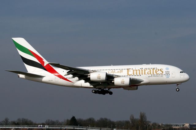 Airbus A380-800 (A6-EDX) - On final approach for rwy 09L on 04-Mar-13 operating flight EK29 from OMDB.