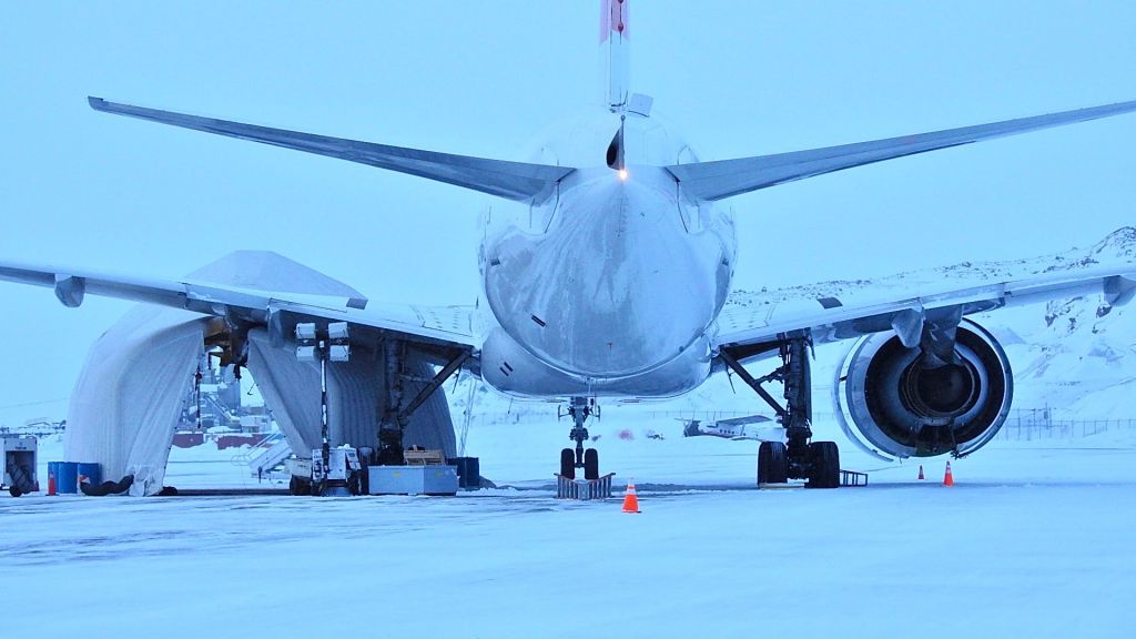 Boeing 777 — - the day the new engine gets installed on Swiss LX40 in Iqaluit Nunavut