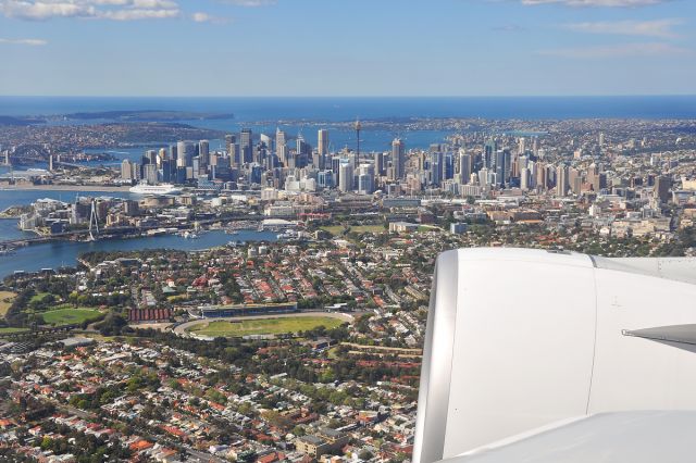 Airbus A380-800 (VH-OQC) - Just after taking off from Sydney airport, heading for Los Angeles! Sadly, the A380 isnt on this route now due to uncontained engine failure ... hopefully soon though.