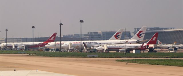 Airbus A340-200 (B-5973) - 6/25/18 CES A340s and Shanghai B737s parked on Apron 5, south of Terminal 1, Pudong.