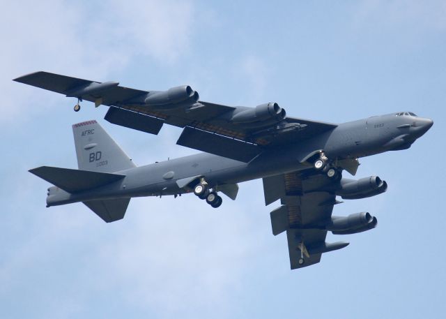 Boeing B-52 Stratofortress (60-0003) - Landing at Barksdale Air Force Base. With weapons pods attached but empty.