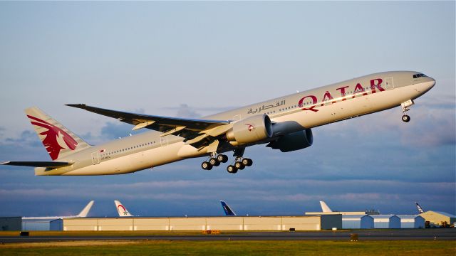 BOEING 777-300 (A7-BEC) - QTR3251 on rotation from Rwy 16R beginning its delivery flight to OTHH / DOH on 8/13/14. (LN:1226 / cn 43216).