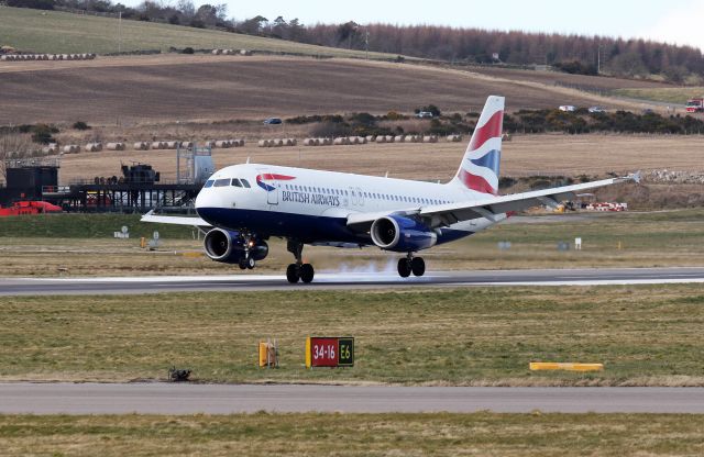 Airbus A320 (G-EUUK) - Flight BA1310 from LHR landing in a stiff cross wind at Aberdeen. Wednesday 11th March 2020. 