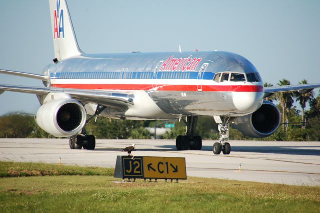 Boeing 757-200 (N639AA) - This American Bald Eagle had been flying around all day. When he landed on the taxiway sign as American Airlines was taxing in from KMIA. If you look close the eagle had just killed another bird.