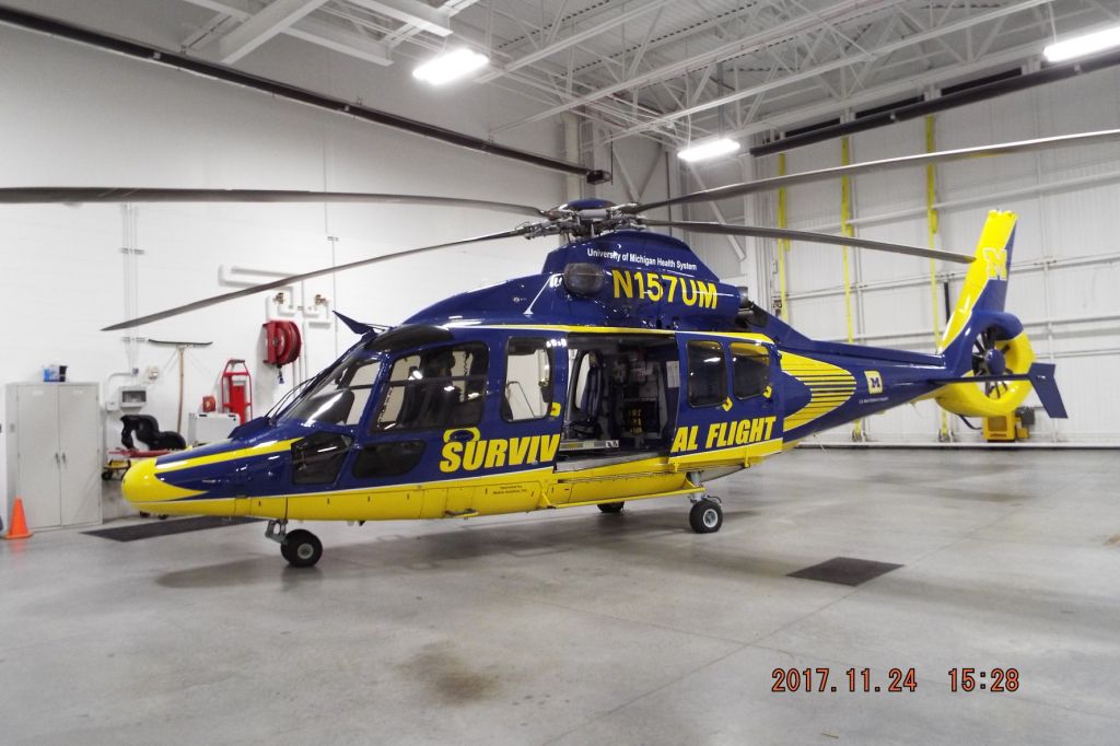 Eurocopter EC-155 (N157UM) - N157UM in the University of Michigan Survival Flight Hanger at the Livingston County Spencer J. Hardy County Airport. Taken on November 24, 2017.