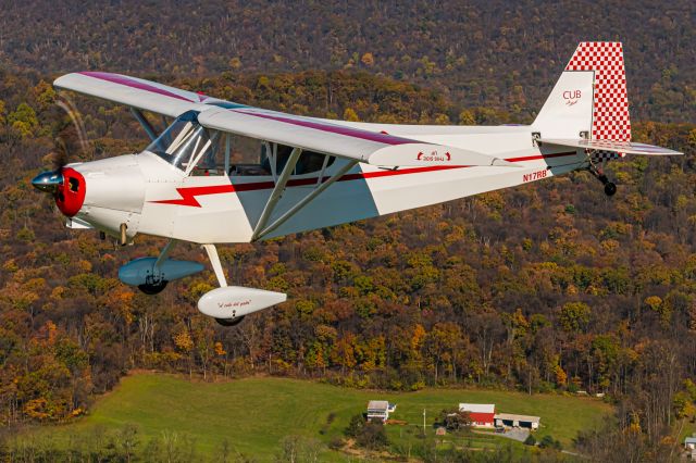 Piper NE Cub (N17RB) - Clipped Wing Cub N17RB  passing over a farm in the late fall of Pennsylvania.