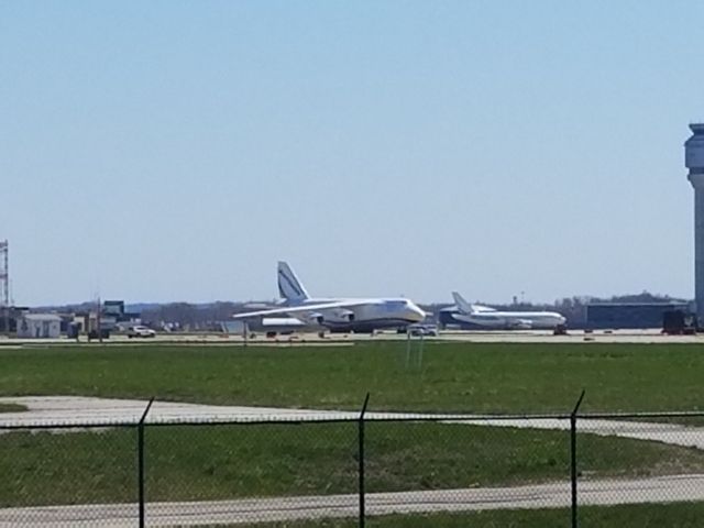 Antonov An-124 Ruslan (UR-82072) - Antonov 124 parked at KCLE for delivery to NASA - May 1, 2018br /Spotted from 100th Bomb Group Restaurant parking lot