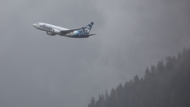 Boeing 737-700 (N618AS) - Climbing out of Juneau in typical weather.  (The old growth Sitka Spruce trees in the background are much taller than a 737!)