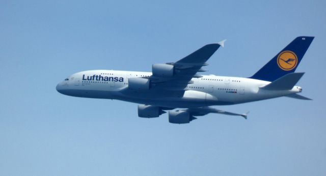 Airbus A380-800 (D-AIMM) - Aircraft out over the Ocean near Sandy Hook NJ, 19 air miles to JFK from the Summer of 2023.