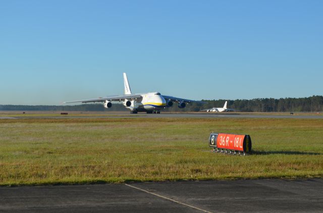 Antonov An-124 Ruslan (UR-82073) - One Antonov landing on RWY 36R while the other is taxing down TXY A for takeoff on RWY 36R