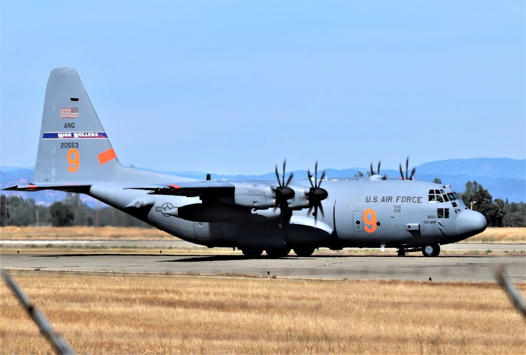 Lockheed C-130 Hercules — - KRDD - out of G-man's town, Nevada Air National Guard C-130 "High Rollers" 2-0553 of the 152nd AW holding short for departure on Runway 34. This MAFFS 9 was working the fires near /west of Red Bluff CA from the massive lightining fire that struck California 3 weeks ago. MAFFS 1.4 and 6 were also working in/out of Redding most of the day. At about 4:30pm. most of the C-130s left, 2 going up and straight for the California coast towards Eureka CA, and 2 left to Sacramento McClellan. The MD-87 and the BAe-146 stayed and continued to launch to the Red Bluff area.