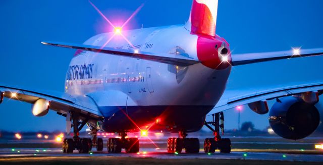 Airbus A380-800 (G-XLEL) - Rainy twilight arrival of British Airways Speedbird - Airbus A380 G-XLEL at YVR from LHR