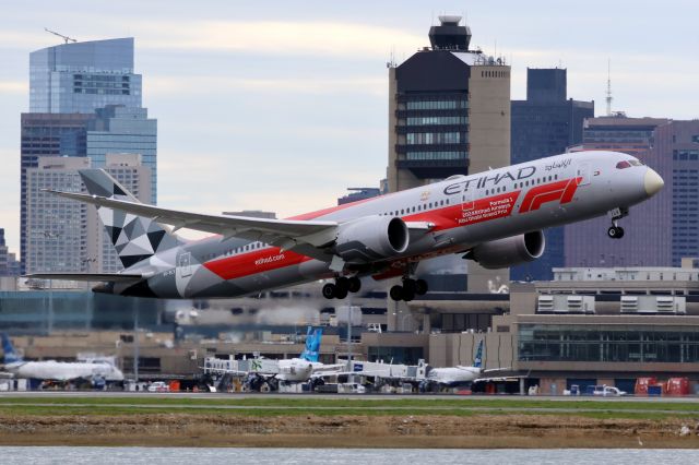 Boeing 787-9 Dreamliner (A6-BLV) - Etihad B789 in special 'Abu Dhabi Grand Prix' livery departs BOS on 4/29/24. 