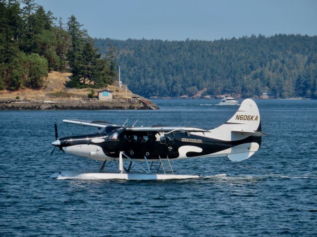 De Havilland Canada DHC-3 Otter (N606KA) - 1954 Dehavilland DHC-3 Turbo Otter taxiing into the Friday Harbor, WA seaplane base after a flight up from Seattle. The orca whale paint scheme attracts a lot of attention. Photo taken from the Victoria Clipper dock in town on 9-9-22.