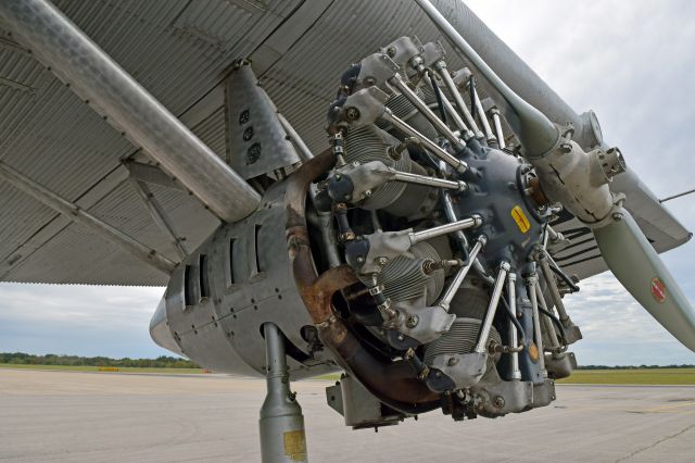 Ford Tri-Motor (NC8407) - Rt. & Lt.Ford trimotor engine instruments are outside on the pylon above the engine. Instruments for nose engine are in cockpit. EAA Trimotor in Georgetown TX, 11-8 for Airfest. 