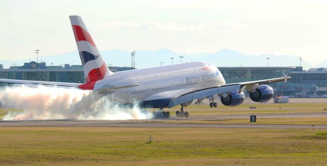 Airbus A380-800 (G-XLEK) - British Airways Airbus A380-841 G-XLEK smoky landing at YVR 26R on arrival from LHR