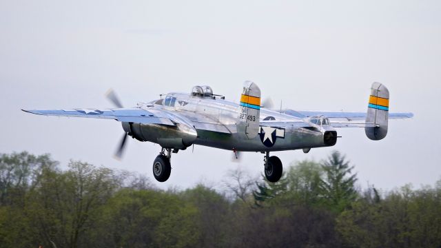 North American TB-25 Mitchell (N27493) - B-25J-20 Miss Mitchell (SN 44-29869) on rotation from Rwy 20 for a flight to Wright Field on 4.17.17. The event was the 75th anniversary of the Doolittle Raid and was held at Wright-Patterson AFB.