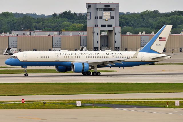 98-0002 — - VP Harris onboard. Rolling out on 23-R with Thrust reversers deployed.
