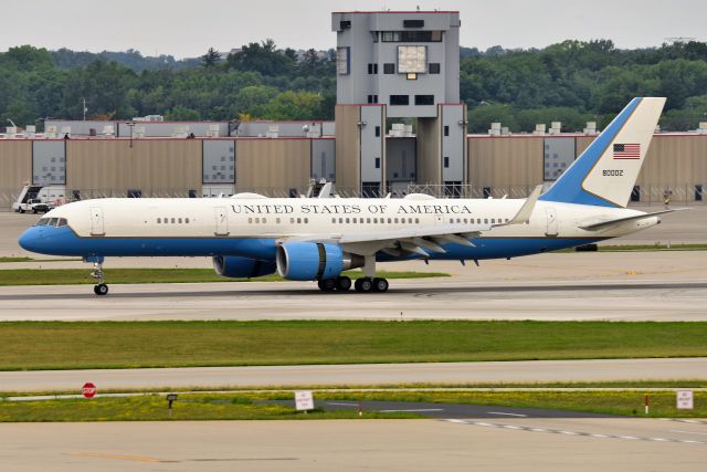 98-0002 — - VP Harris onboard. Rolling out on 23-R with Thrust reversers deployed.