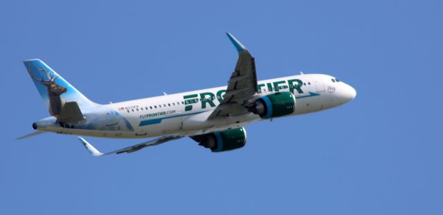Airbus A320neo (N370FR) - Shortly after departure is this 2020 Frontier Airlines Airbus 320-251N with "Elfrey" the Elk getting the tail view in the Summer of 2022.