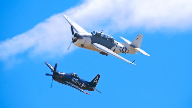 N9584Z — - Historic Flight Foundations #N9584Z - Grumman TBM-3E Avenger (Ser #85882) and #N800H - Grumman F8F-2"Bearcat (Ser#121752) fly in formation at SkyFair 7.22.17.