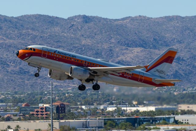 Airbus A319 (N742PS) - American Airlines A319 in PSA retro livery taking off from PHX on 9/17/22. Taken with a Canon 850D and a Canon EF 70-200mm f/2.8L IS II USM lens. This is undoubtedly my favorite AA retro livery, it's so happy to be flying!