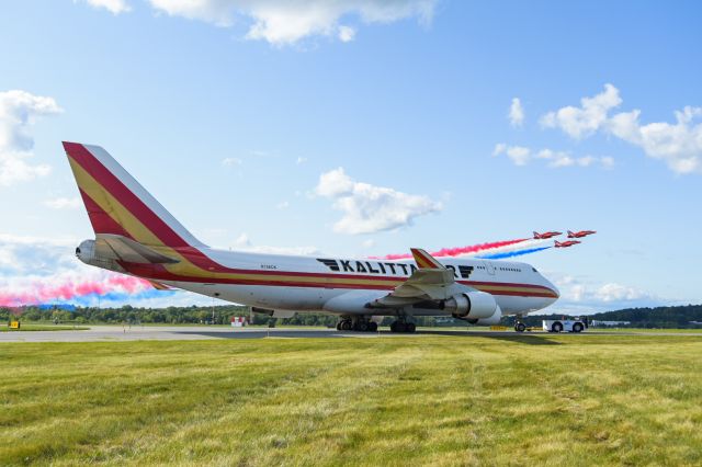 — — - Airline: Kalitta Airbr /Aircraft: 747-4B5BCFbr /Registration: N708CKbr /Delivered: September 11th, 1991 to Korean Airbr /Location: New York Stewart International Airportbr /*The RAF Red Arrows photo bombing 