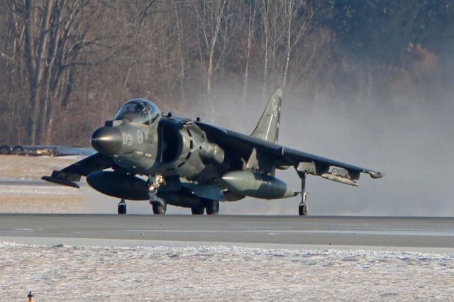 Boeing Harrier (16-5357) - Kicking up the snow during the Vertical/Short Takeoff from RWY 25 on 18 Jan 2018.