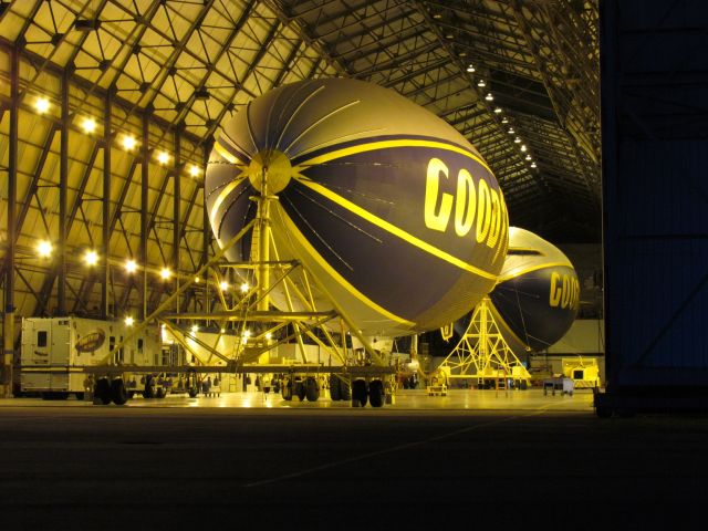 Unknown/Generic Airship (N3A) - N3A (the Spirit of Goodyear) and N2A (the Spirit of Innovation) are seen in the hangar at Wingfoot Lake after a day of flight operations. The Florida based N2A was in Ohio for maintenance, joining the Akron based N3A for a rare sight of the two blimps together.